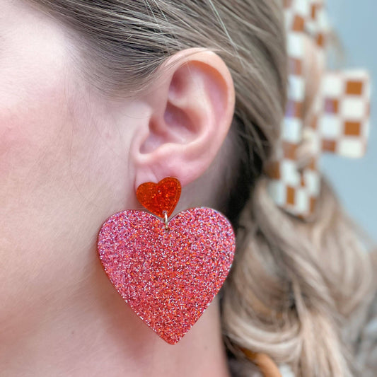 Glittery Double Heart Dangle Earrings